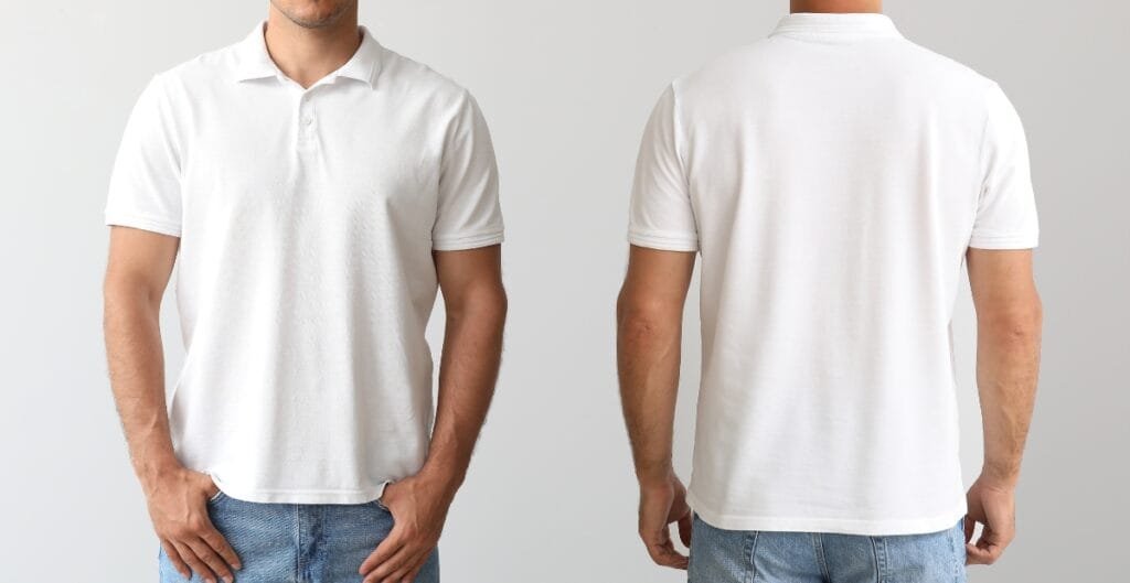 A white polo shirt displayed on a model. The image shows both the front and back views: short sleeves, a classic collar with a three-button placket, and a plain clean design. The shirt is paired with light blue jeans.