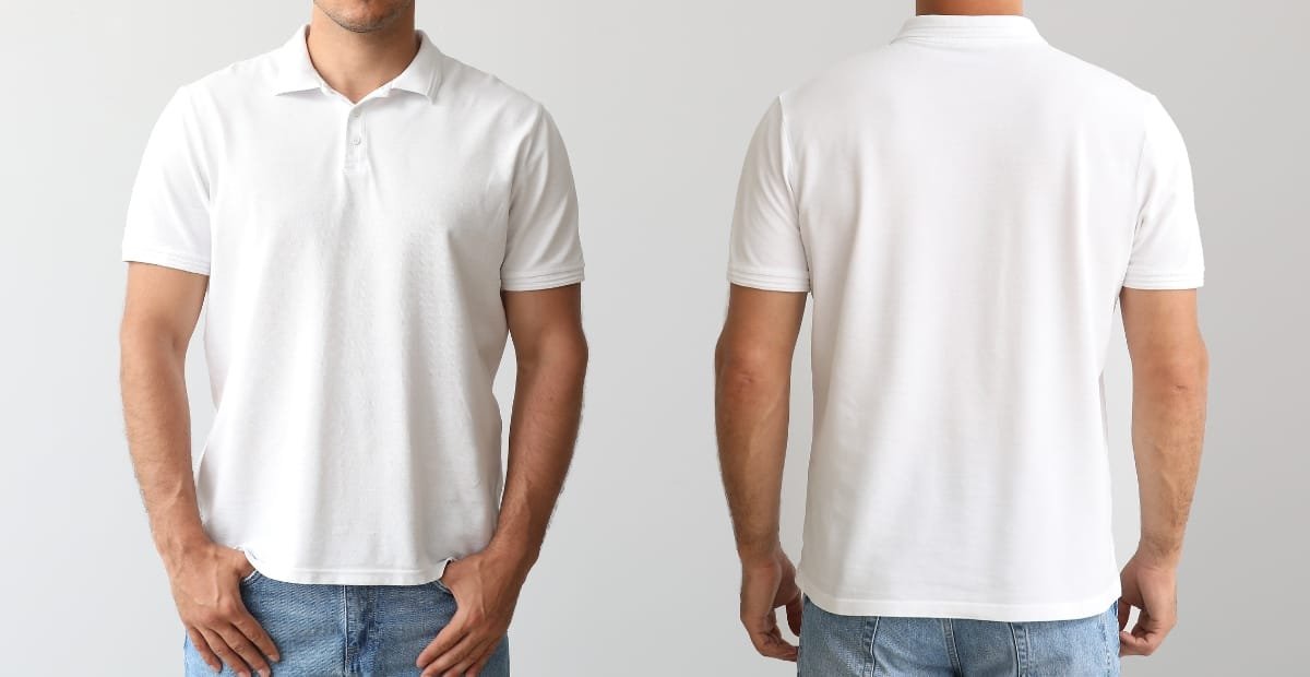 A white polo shirt displayed on a model. The image shows both the front and back views: short sleeves, a classic collar with a three-button placket, and a plain clean design. The shirt is paired with light blue jeans.