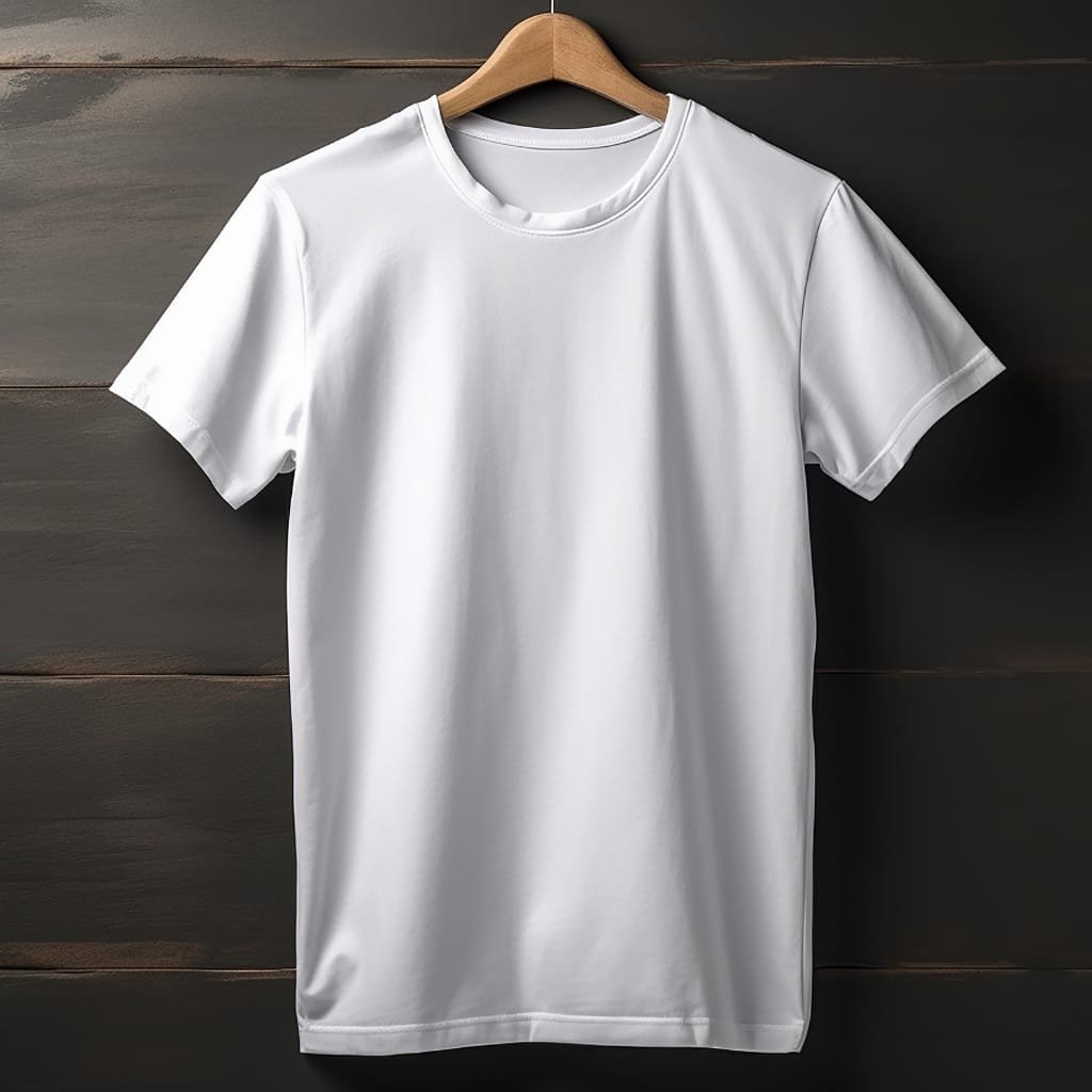 A plain white T-shirt hanging on a wooden hanger against a dark wooden background.