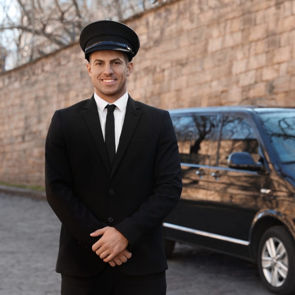Professional chauffeur in a black suit and cap standing in front of a luxury black van.
