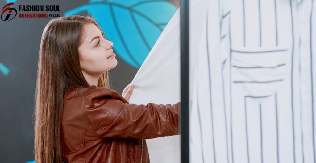 A young woman with long, straight brown hair wearing a brown leather jacket is standing near a whiteboard, actively drawing or writing on it. The background features a logo that reads "Fashion Soul International Pvt. Ltd."