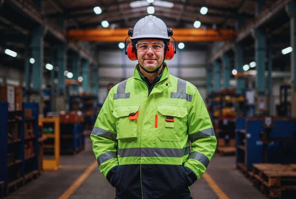 A worker in a high-visibility yellow safety jacket, wearing a white hard hat, safety glasses, and ear protection, stands confidently with hands in pockets inside an industrial warehouse or factory.