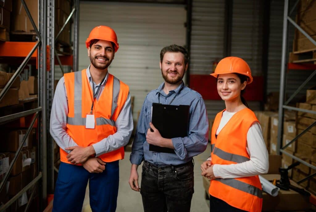 A variety of professional work uniforms and safety gear displayed on mannequins and shelves, representing a work wear supplier.