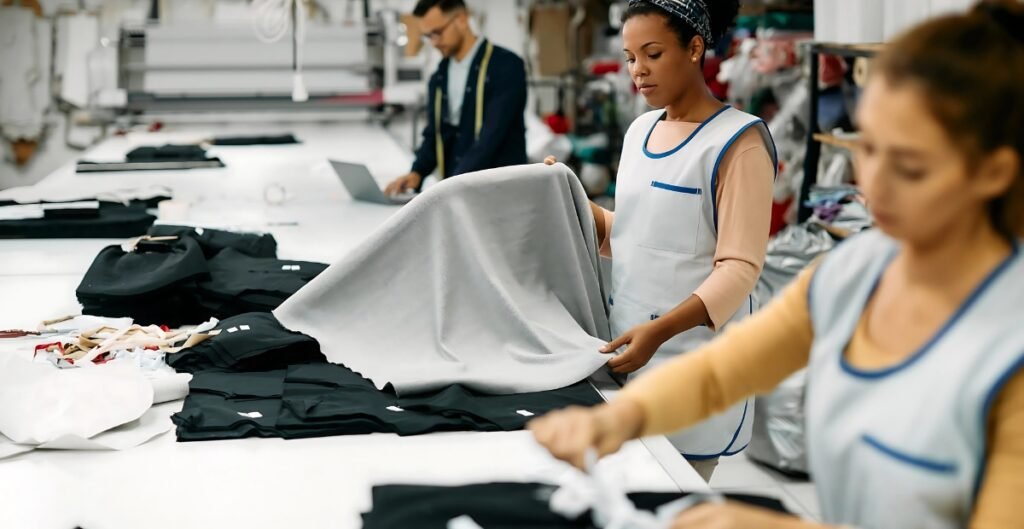 A busy garment factory with workers at a long table folding and inspecting fabric; two women in light-colored uniforms work on gray and dark fabrics, while stacks of textiles and sewing equipment are visible in the background.