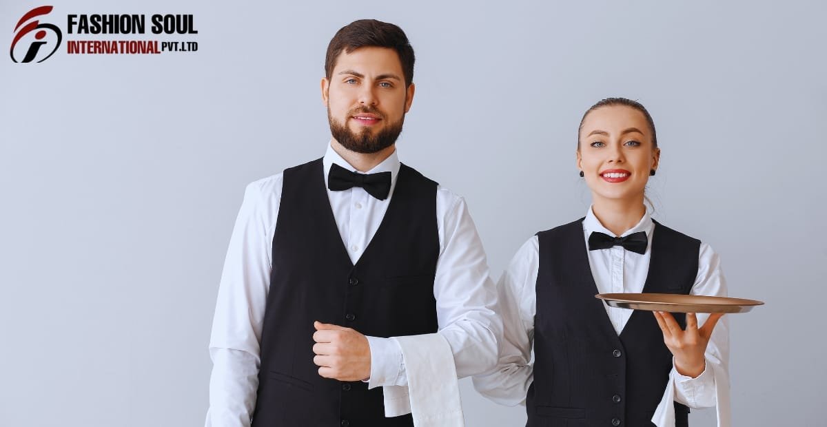 Two waitstaff members, a man and a woman, dressed in formal black vests, white shirts, and black bow ties, stand against a plain light gray background. The woman holds a serving tray and smiles.