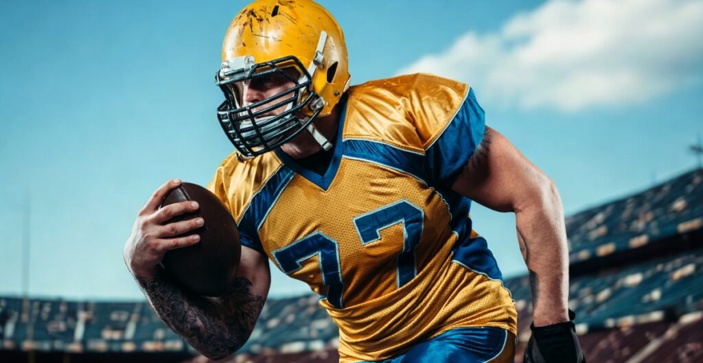 A football player in a yellow and blue uniform with a helmet, holding a football and running on the field.