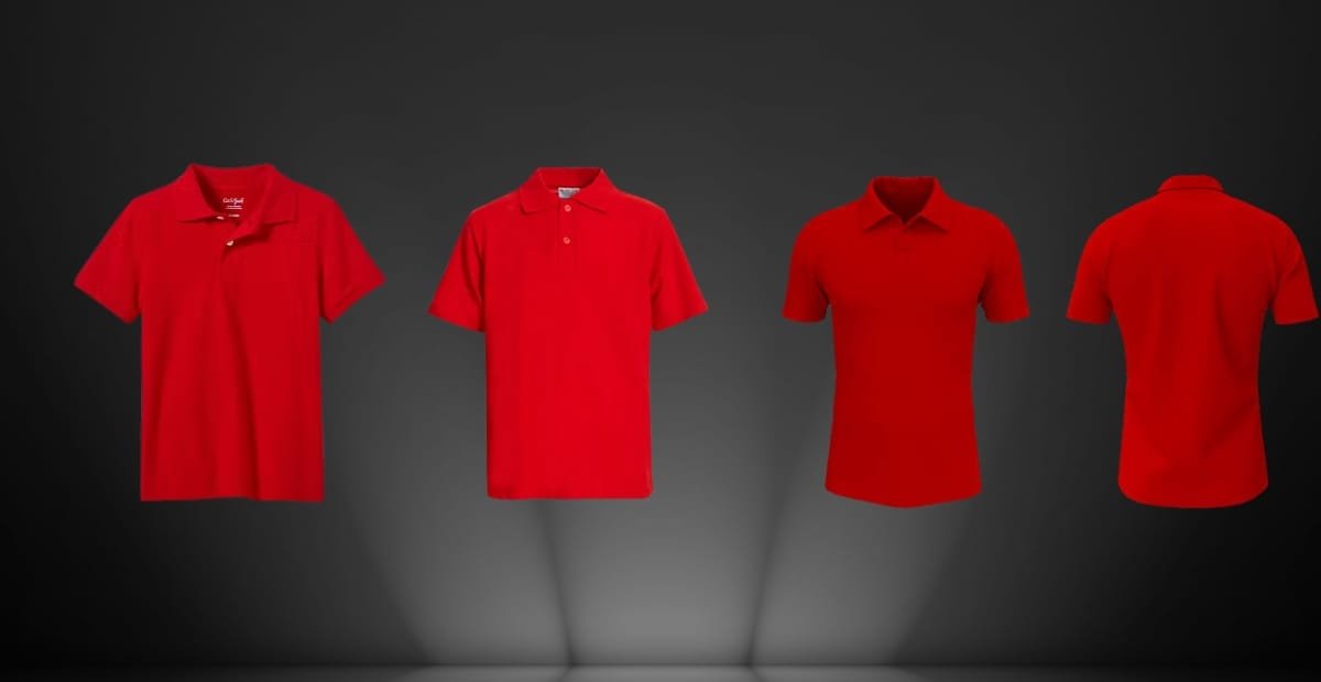 A lineup of four red uniform shirts in different polo styles on a dark studio background.