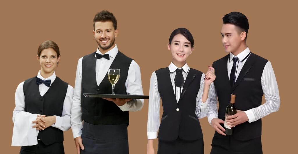 A waiter adjusting his uniform jacket and tie to transition from a casual outdoor event to an upscale indoor dinner.