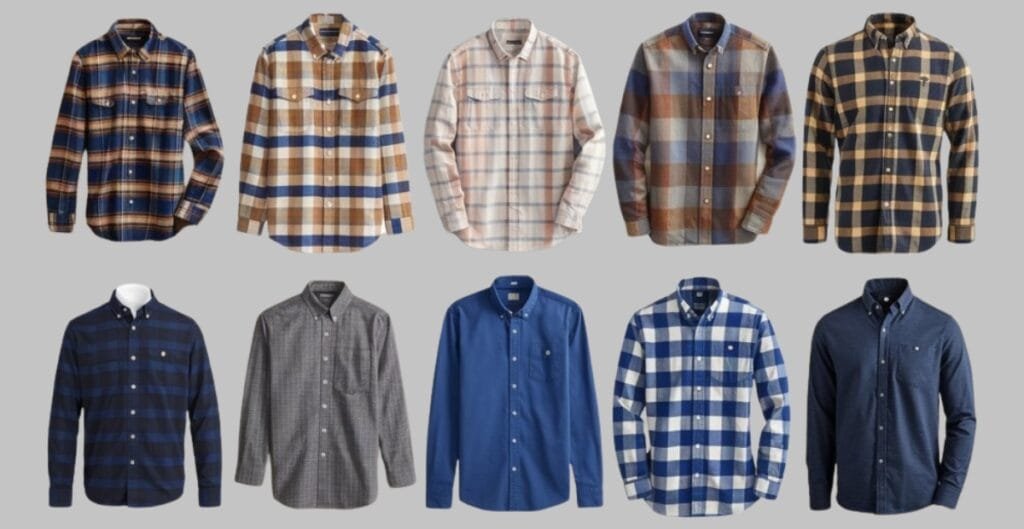 A row of premium men’s cotton work shirts in classic colors (white, light blue, navy, gray) neatly hung on a rack, highlighting quality fabric and affordable pricing.