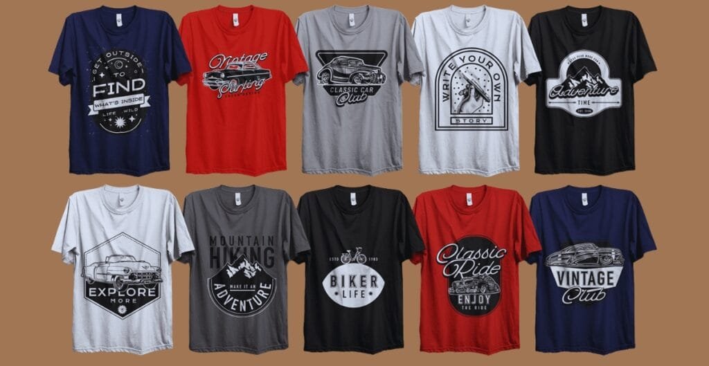 A collection of modern business logo t-shirt designs displayed in a grid, featuring diverse industry-inspired logos (tech, finance, healthcare, retail, manufacturing, hospitality) with clean, bold typography and simple color palettes suitable for screen printing.