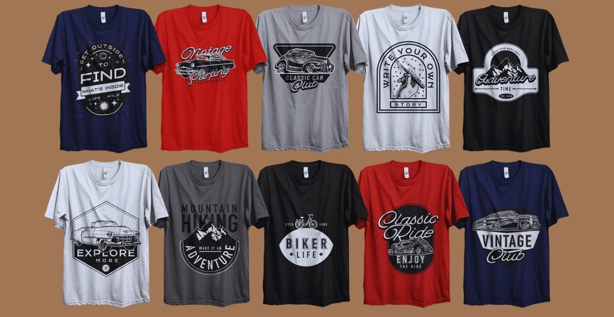 A collection of modern business logo t-shirt designs displayed in a grid, featuring diverse industry-inspired logos (tech, finance, healthcare, retail, manufacturing, hospitality) with clean, bold typography and simple color palettes suitable for screen printing.
