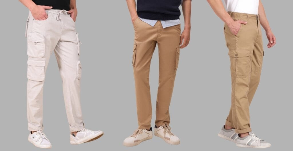 Cargo insulated trousers displayed on a neutral background, featuring multiple pockets, reinforced seams, and a warm lining, with a small tag highlighting insulation and durability.