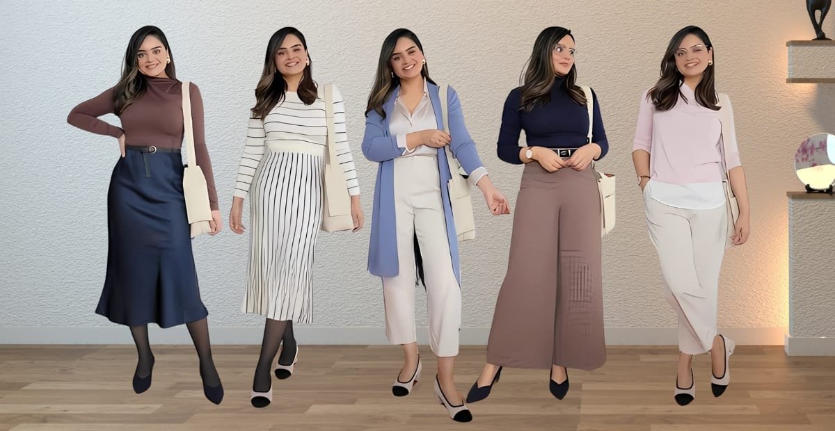 A woman in a light, breezy blouse paired with tailored trousers stands beside a sleek desk, natural light streaming through a window. The blouse features soft draping, a relaxed collar, and neutral colors suitable for a professional setting.