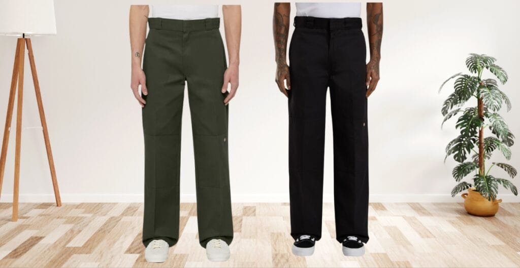 A catalog comparison of multiple double-knee working pants showing different fabrics, knee reinforcement, and color options.