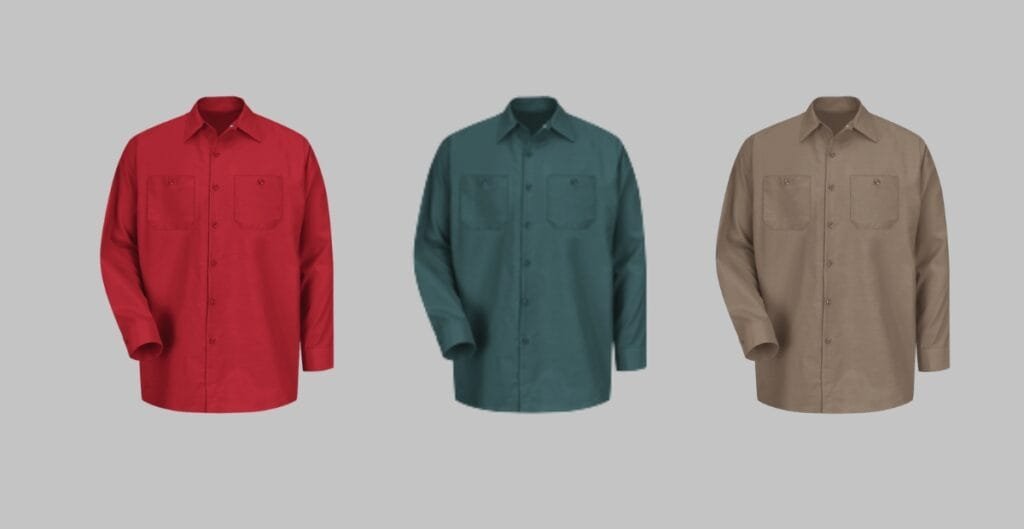 A thoughtful shopper comparing different long-sleeve button-up shirts in a well-lit store, focusing on fabric, collar style, and fit.