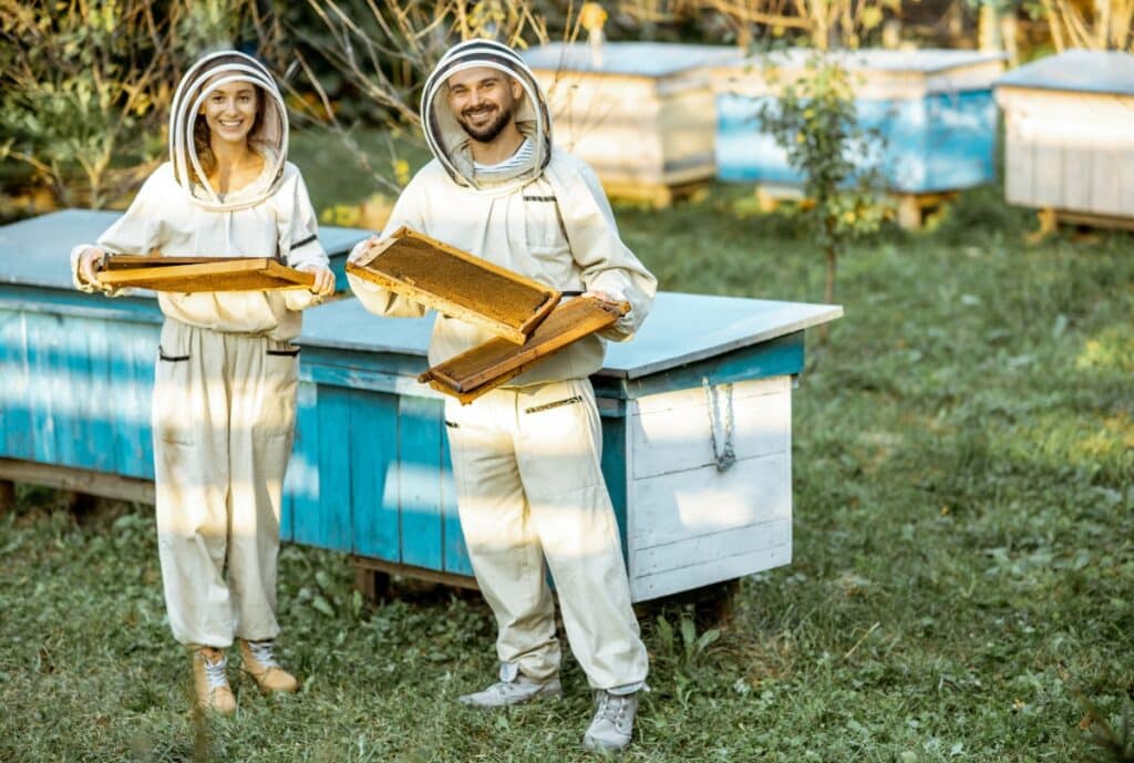 Beekeeper wearing a custom beekeeping suit in a French apiary, with protective veil and jacket designed for comfortable movement.