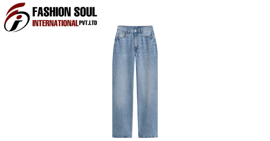"Light-wash denim jeans with a relaxed straight leg, shown against a white background