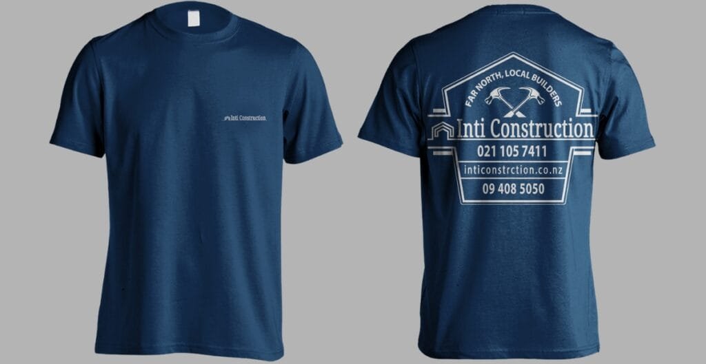 A front-and-center construction-themed T-shirt design featuring interlocking gears and a steel-blue skyline, with the phrase “Unity Through Construction” in bold, high-contrast letters.