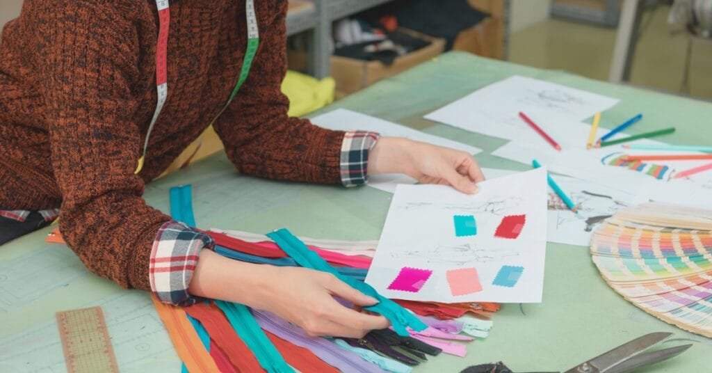 A designer or crafter selecting colorful fabric swatches on a worktable.