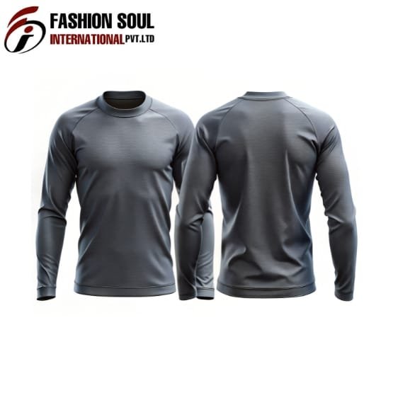 A gray long-sleeve athletic shirt displayed from the front and back, showing a fitted, moisture-wicking design. The image includes a logo in the top-left corner that reads “FASHION SOUL INTERNATIONAL PVT. LTD