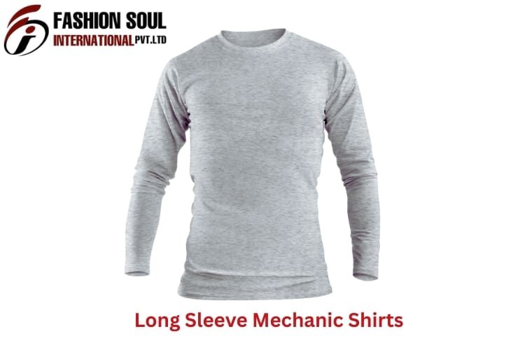 Light gray long-sleeve mechanic shirt displayed on a mannequin against a white background, with red text 'Long Sleeve Mechanic Shirts' below
