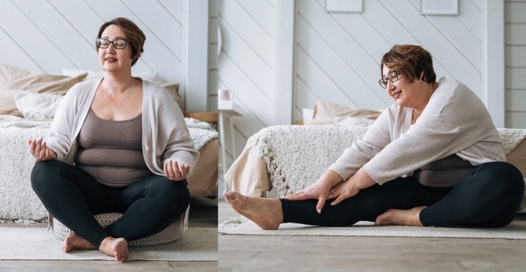 Woman in 3x yoga pants practicing yoga and stretching on a carpet