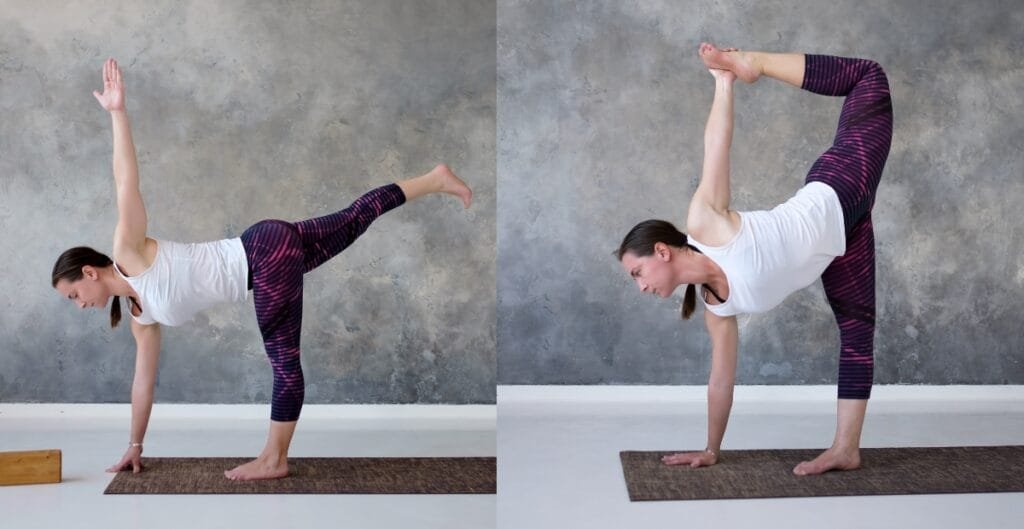 Two women performing yoga poses in stylish 4x yoga pants, one in a balancing pose and the other in an extended side angle pose