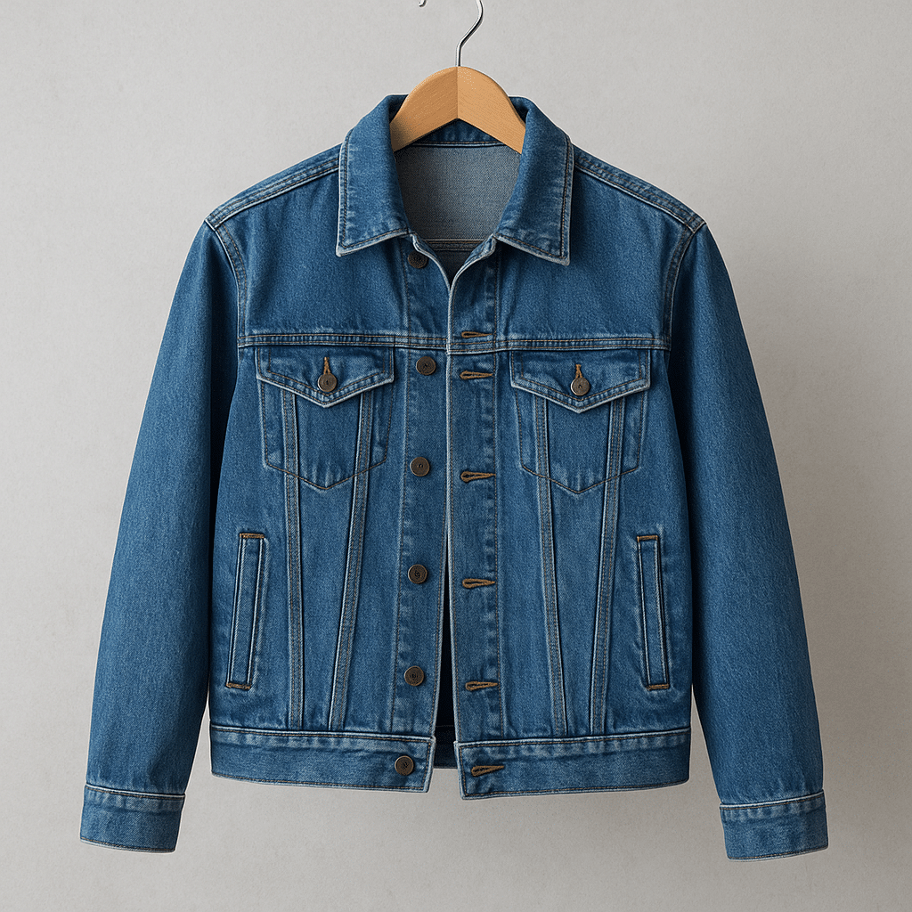 A blue denim jacket hanging on a wooden hanger against a neutral background.