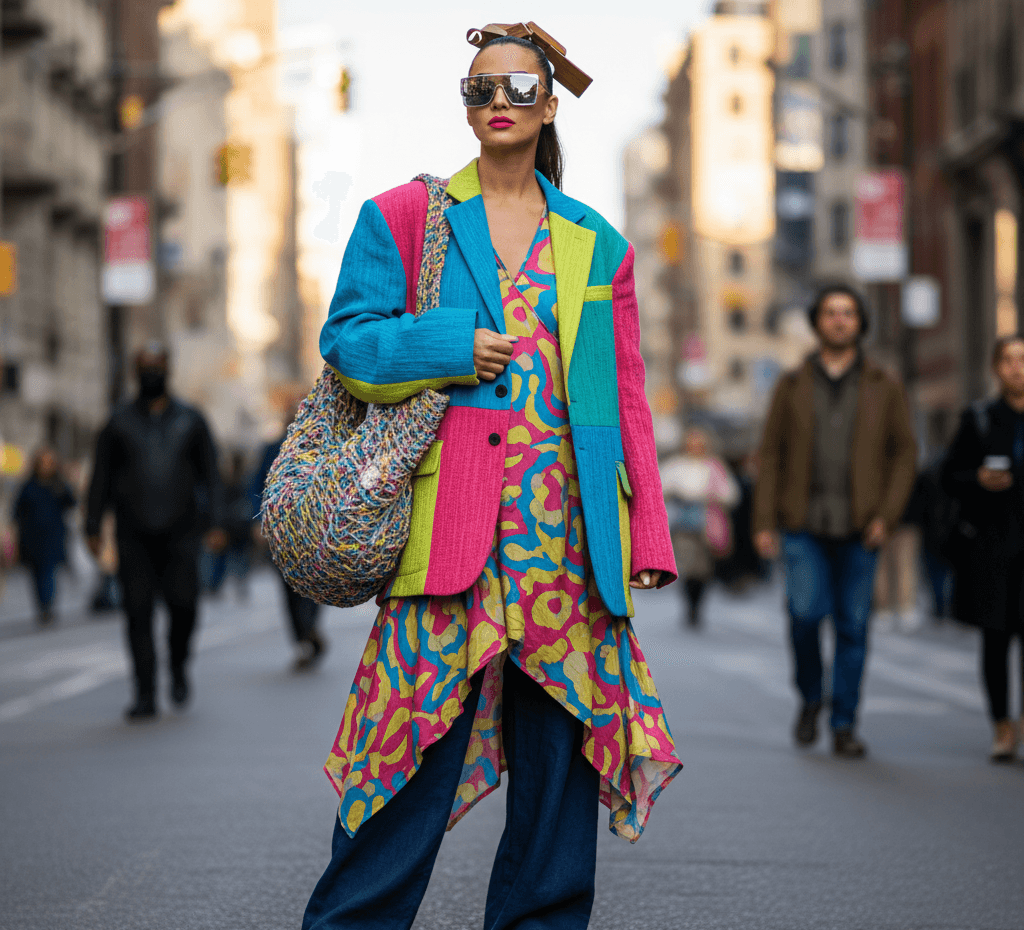 Woman wearing trendy 2025 clothing in vibrant colors and modern style