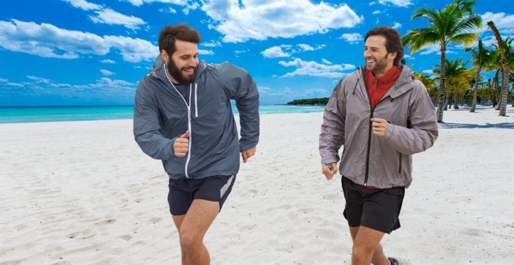 Person wearing a versatile workout jacket that enhances comfort and mobility during exercise, with breathable fabric and flexible seams.