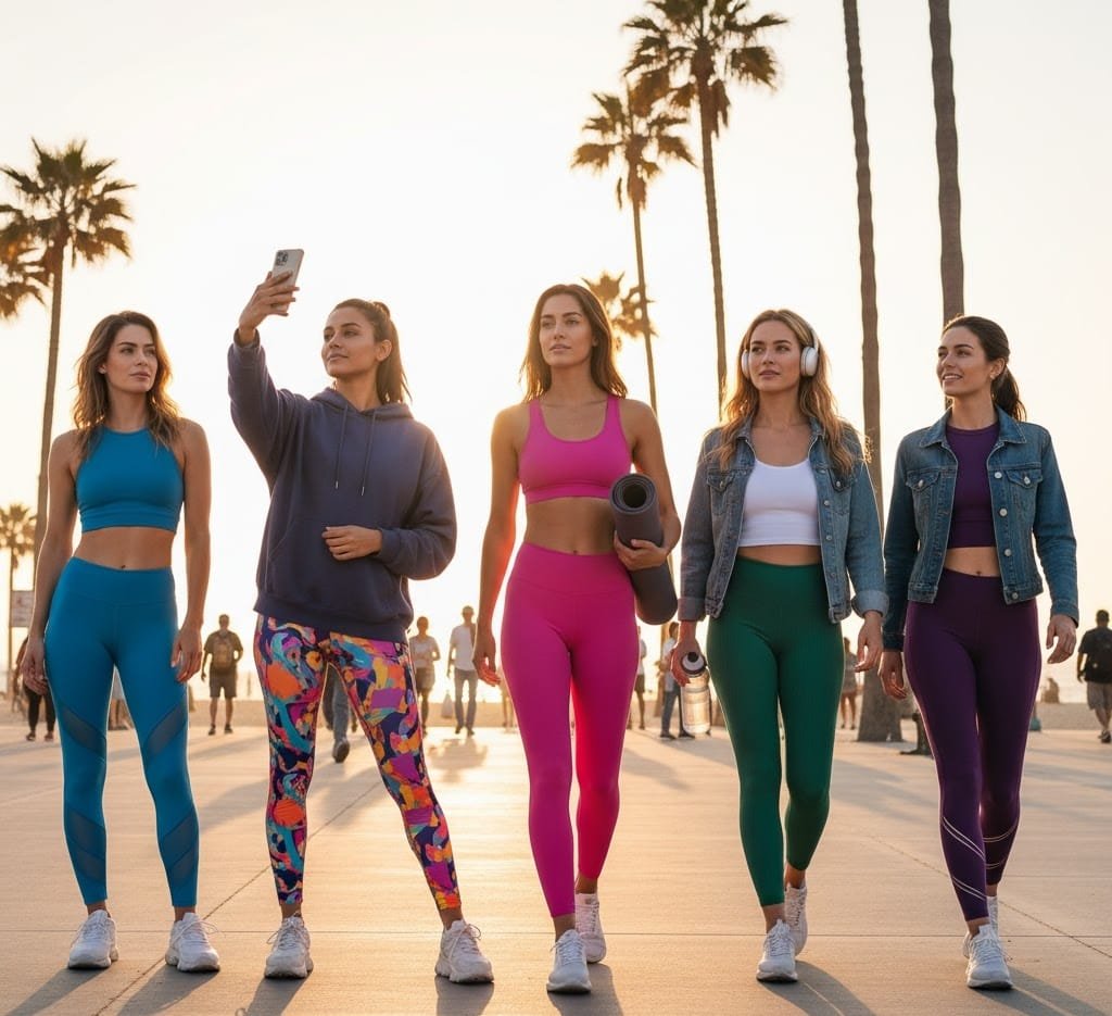 Women wearing colorful workout leggings showcasing different fitness and casual styles