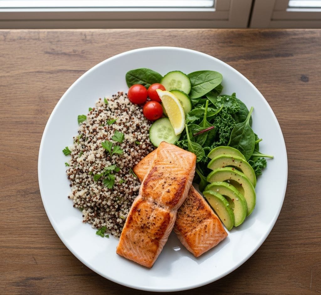 Colourful plate with avocado, quinoa, greens, and salmon promoting 28 inches waistline