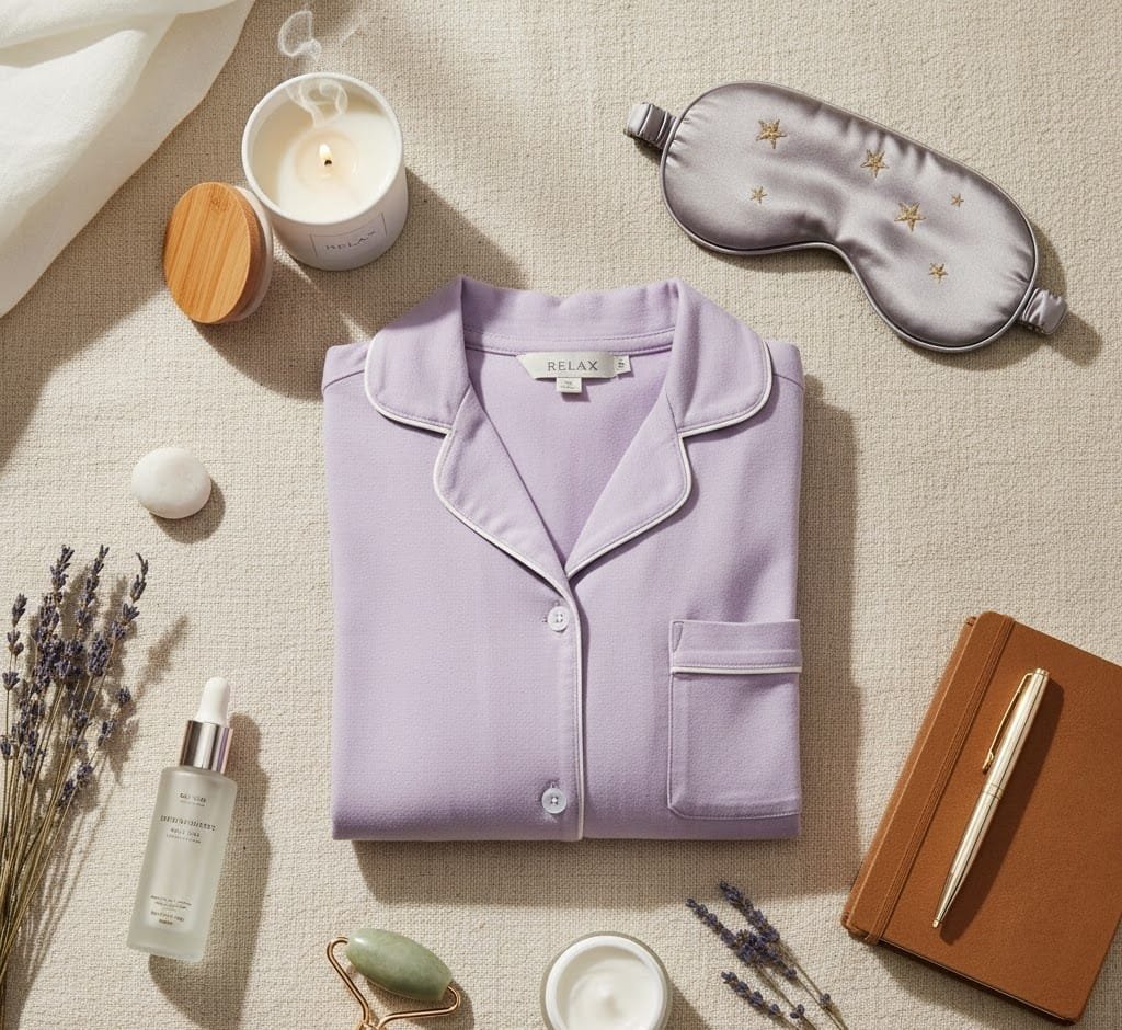 Flat lay of plus size PJ set with eye mask, candle, and skincare items