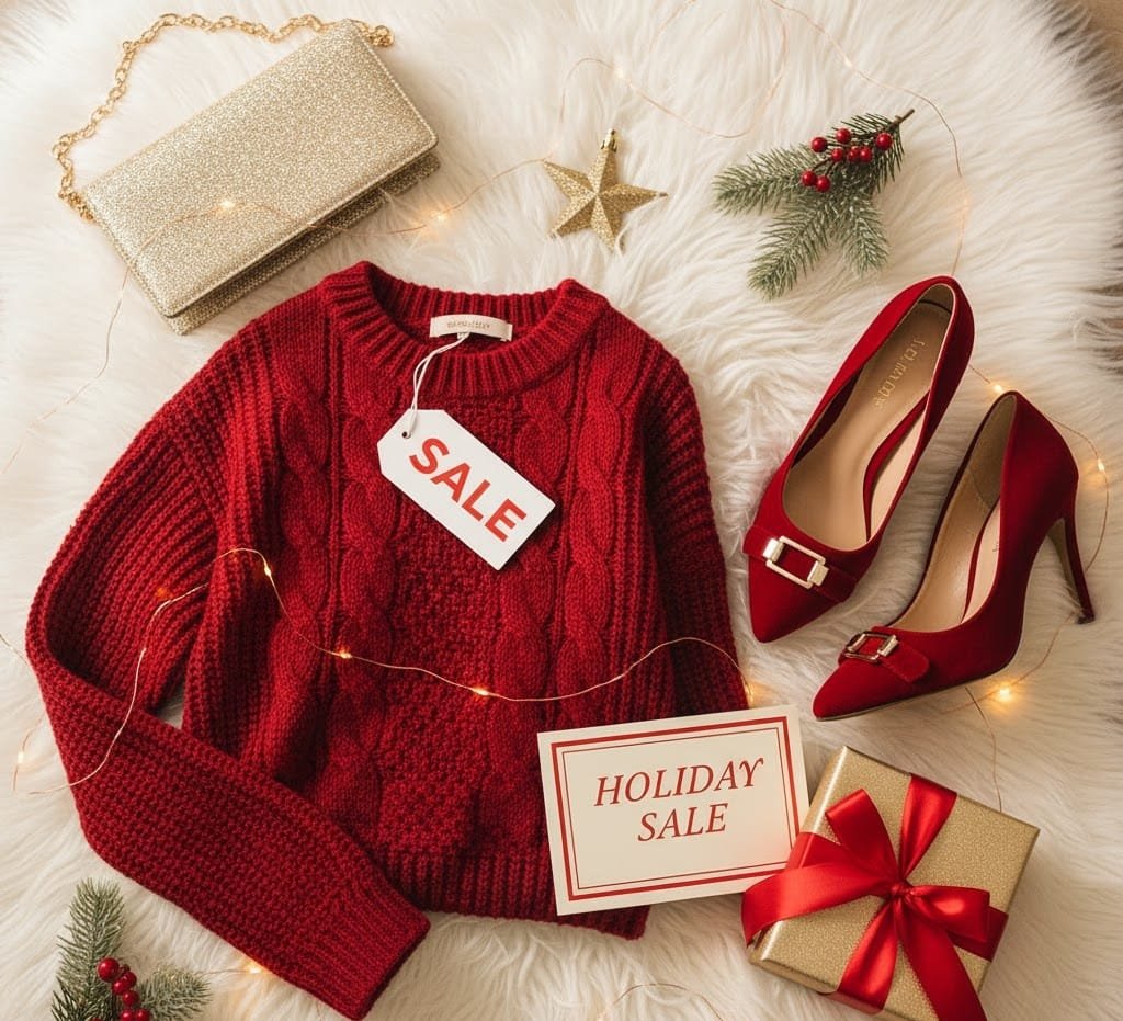 Flat lay of trendy winter clothes and accessories with Black Friday and Christmas sale tags.