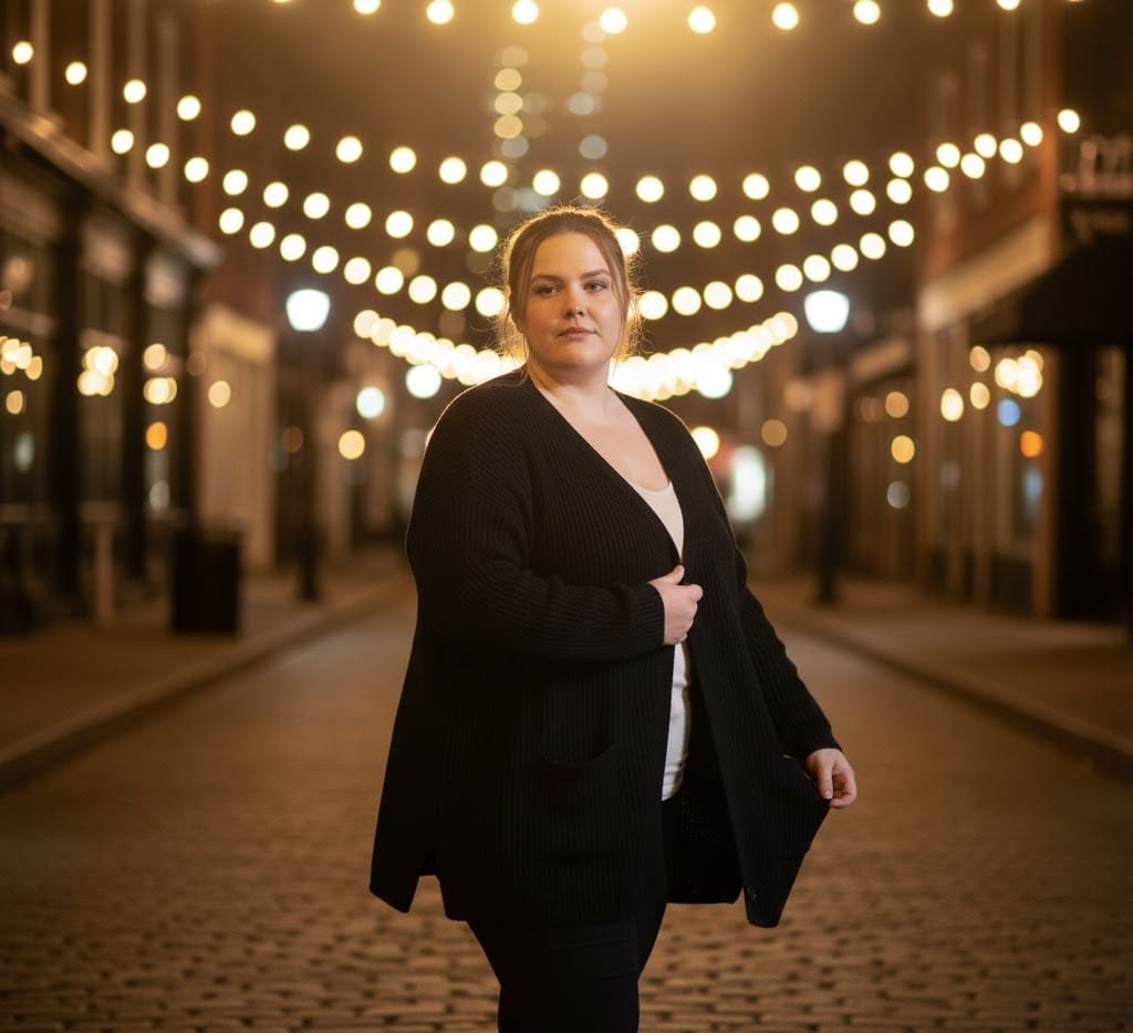 Plus size woman glowing under café lights wearing elegant black cardigan