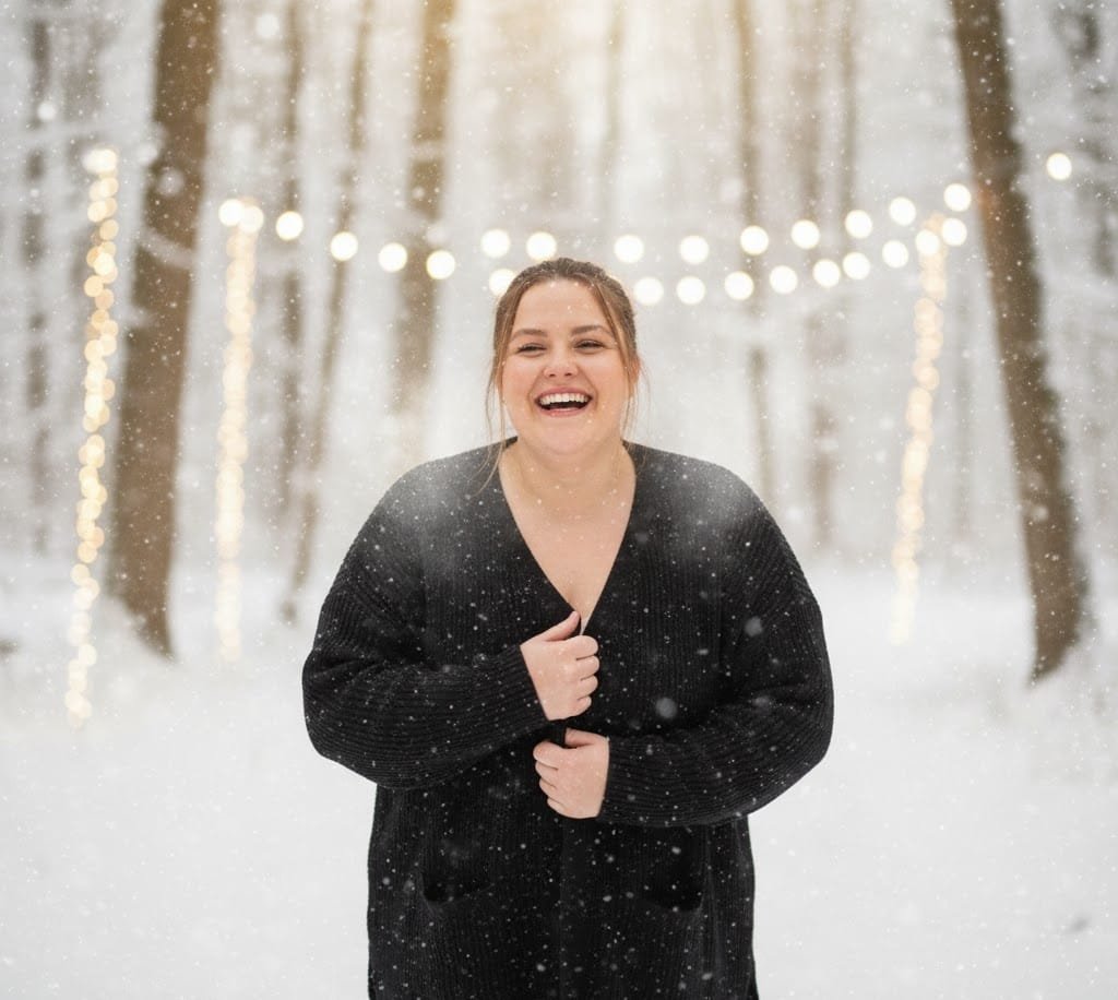 Plus size woman smiling in black cardigan on snowy day