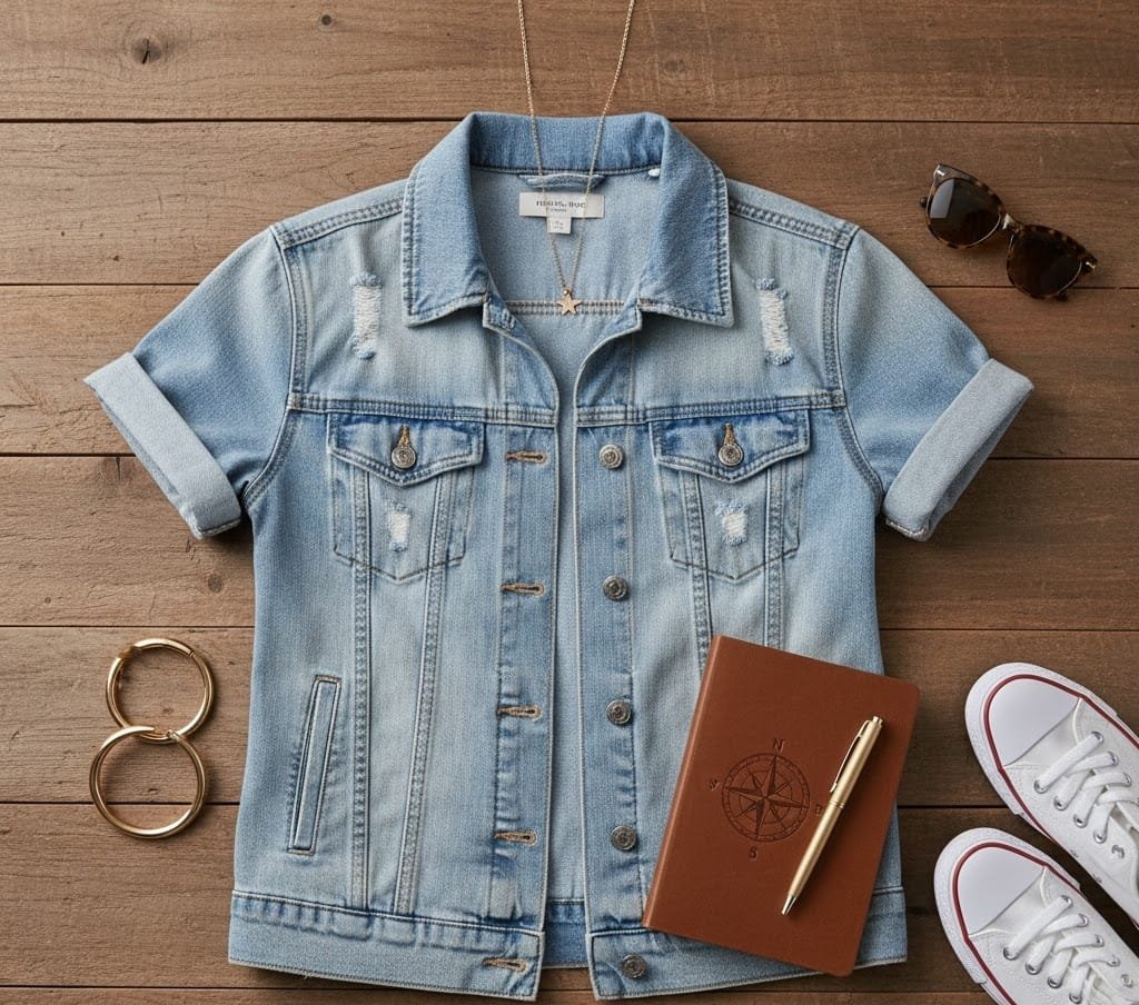Flat lay of denim short sleeve jacket with accessories on rustic background.
