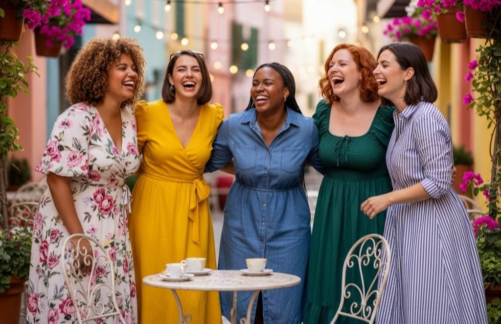 Group of mid-size women wearing stylish dresses and smiling together outdoors
