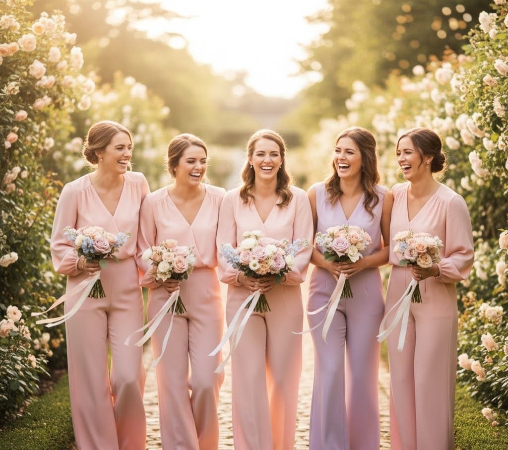 A group of bridesmaids dressed in pastel dressy slacks and flowy blouses, laughing outdoors.