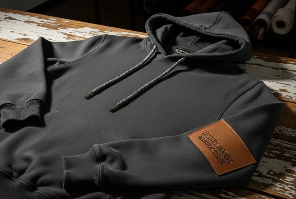 "A fashion designer stands in a bright studio, modeling an oversized gray hoodie with a large front pocket and relaxed silhouette, paired with chunky sneakers; the design studio backdrop shows sketches and sewing equipment in soft focus."