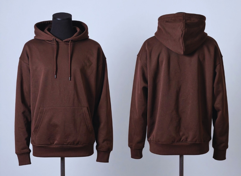 A plain brown hoodie displayed from the front and back.