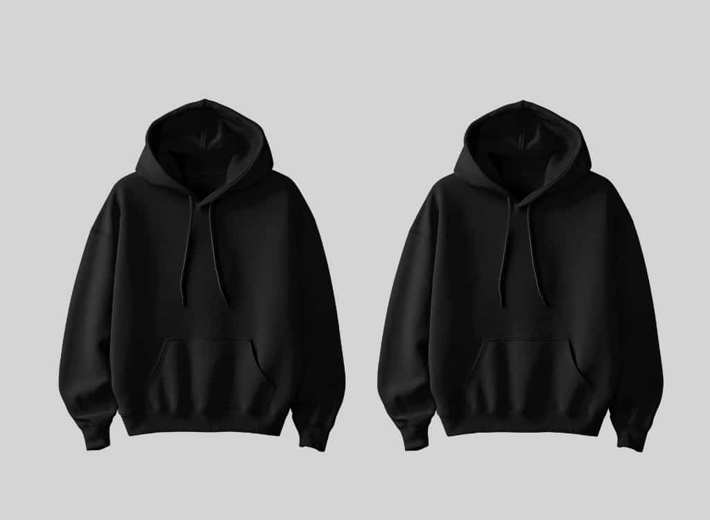 Two black hooded sweatshirts side by side on a light gray background.