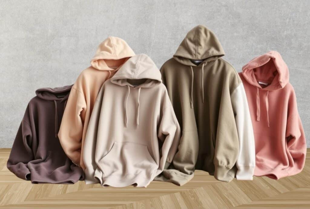 Factory interior with row of sewing machines and a rack of oversized gray hoodies awaiting quality check in a Canadian apparel manufacturing facility.