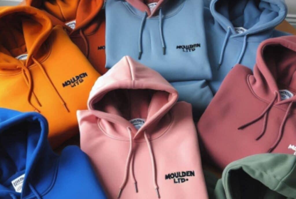 Factory interior with rows of sewing machines and workers, producing oversized hoodies in Spain.