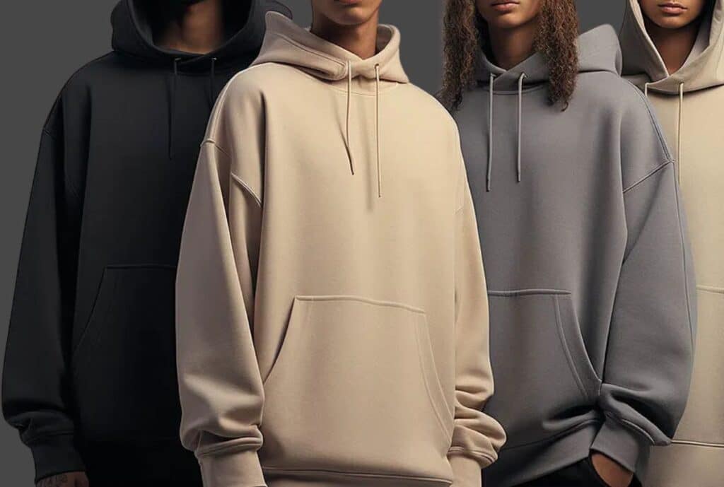 A factory interior with sewing machines and rows of oversized hoodies on racks, representing a US manufacturer.