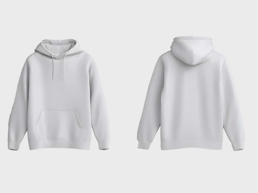 A plain light gray hoodie shown from the front and back. It features a drawstring hood, a front kangaroo pocket, ribbed cuffs and hem, and a relaxed fit.