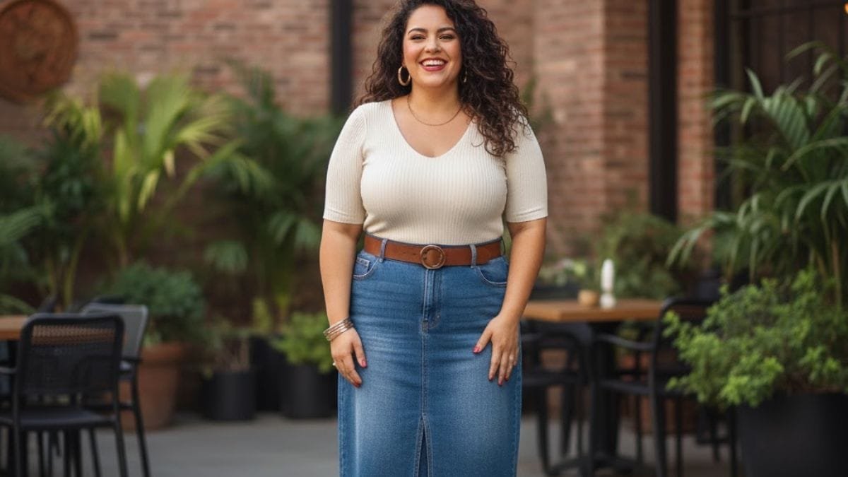 Confident woman wearing blue plus size jean skirt