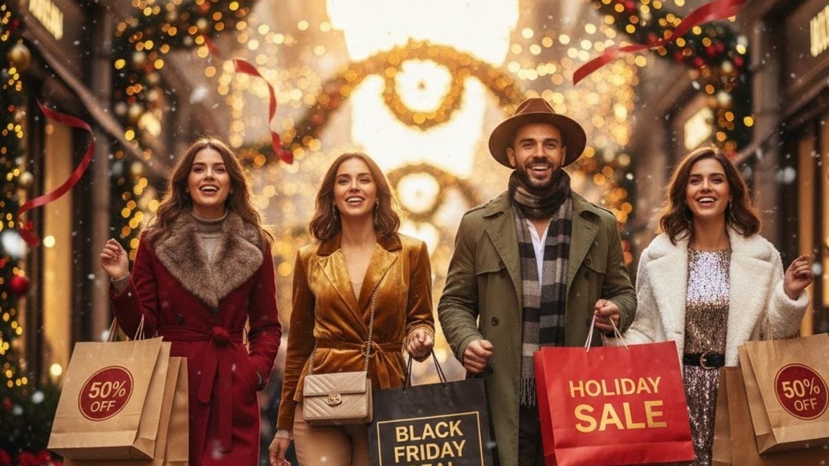 Fashionable woman enjoying Christmas shopping during a Fashion Sale with glowing lights and sale bags.