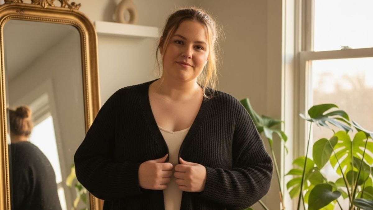 Plus size woman admiring her black cardigan in vintage mirror