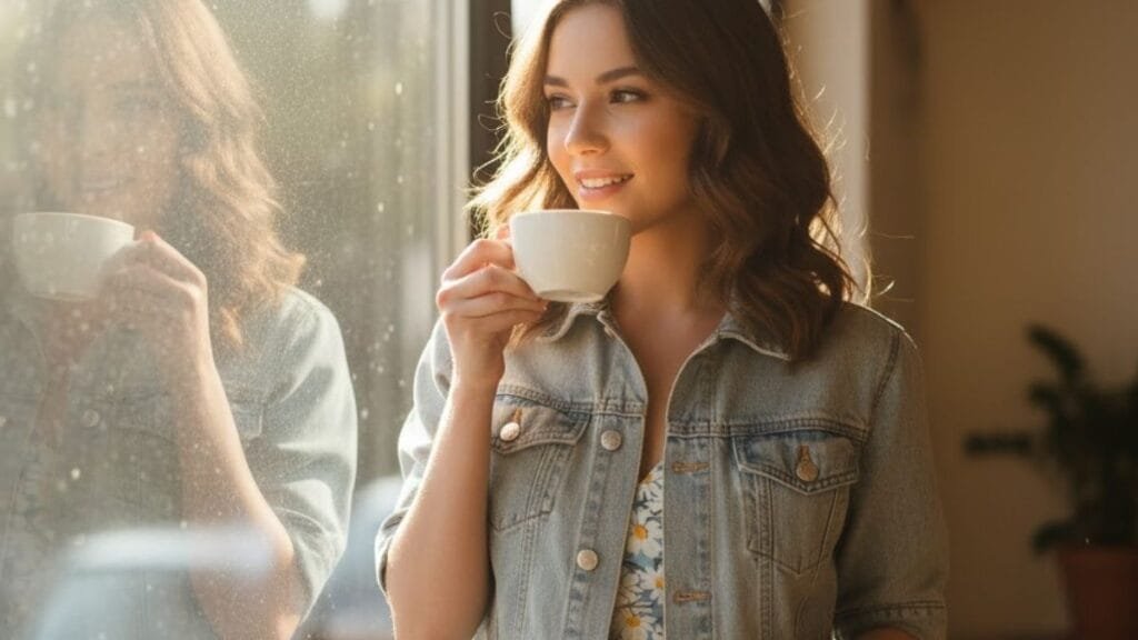 Woman wearing a denim short sleeve jacket near a café window, smiling in sunlight.